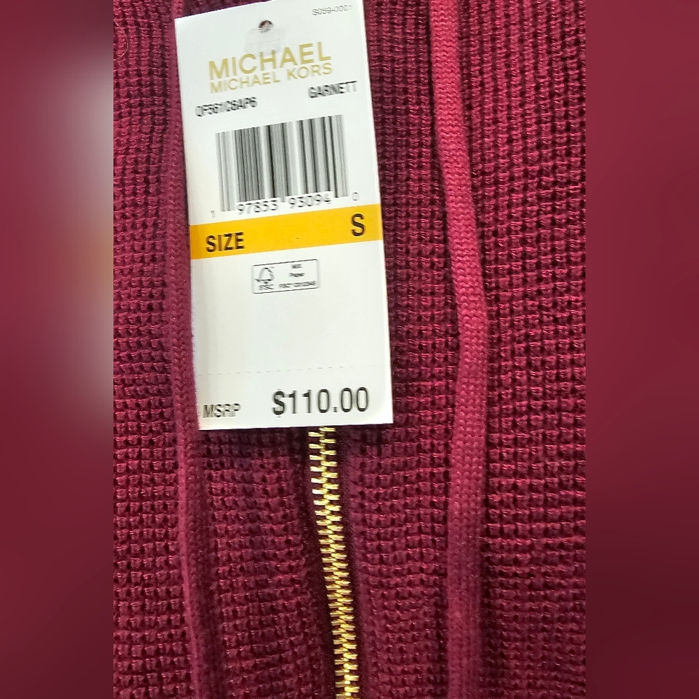NWT Michael Kors Women's Maroon Knit Hoodie With Half Zipper And Strings--Size S - Picture 8 of 10